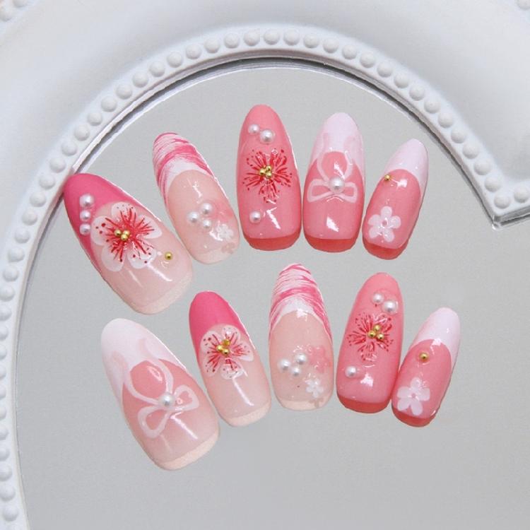 30Pcs Fashionable Press On Nail Showcasing 3D Ice Flowers And Pearls Bows For Instants Glamours