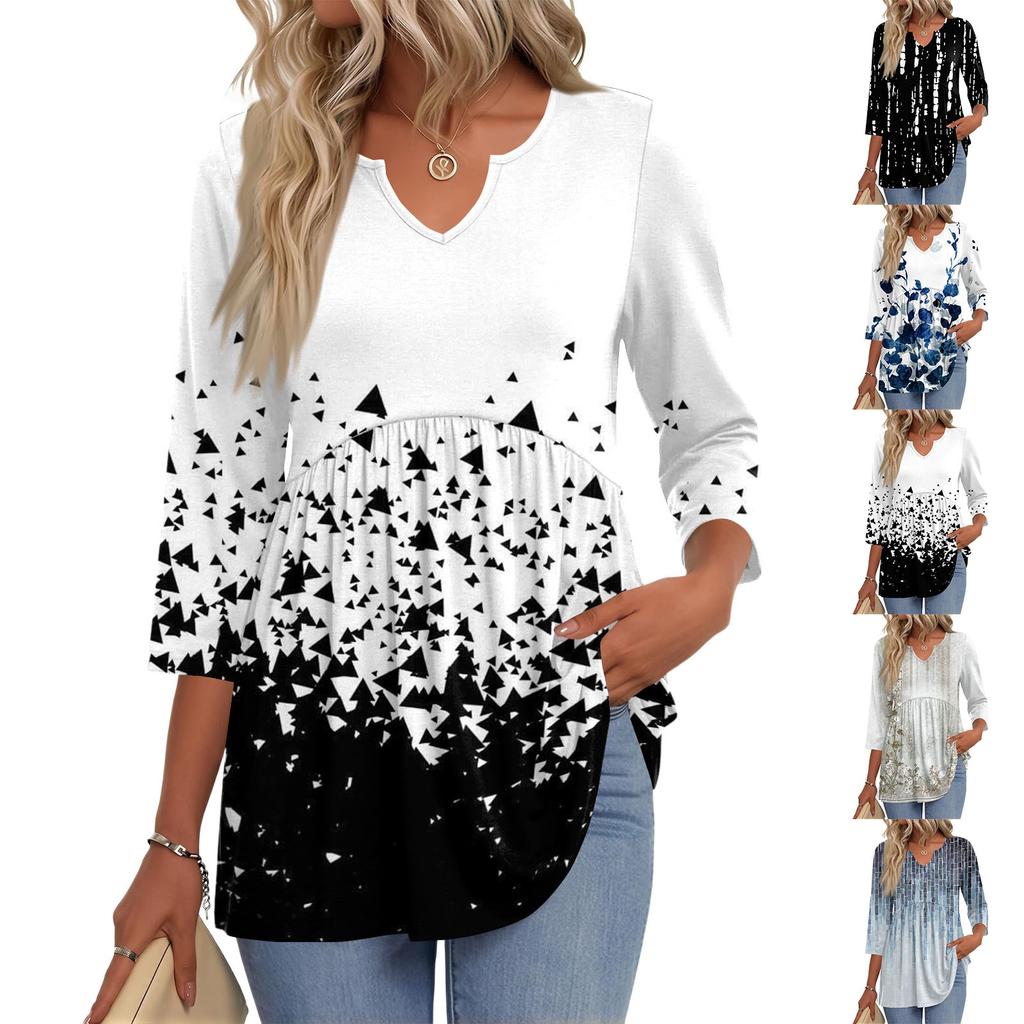 Women's Casual Plaid Print V-Neck Three-Quarter Sleeve Blouse for Everyday Wear