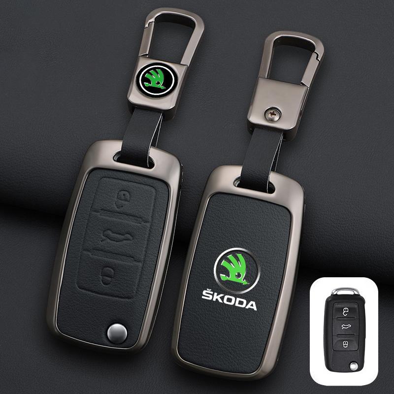 XOWS7 Zinc Alloy Leather Car Remote Key Case Cover Protector Shell Fob For Skoda Superb A7 Kodiaq Octavia A7 A8 Keychain Accessories