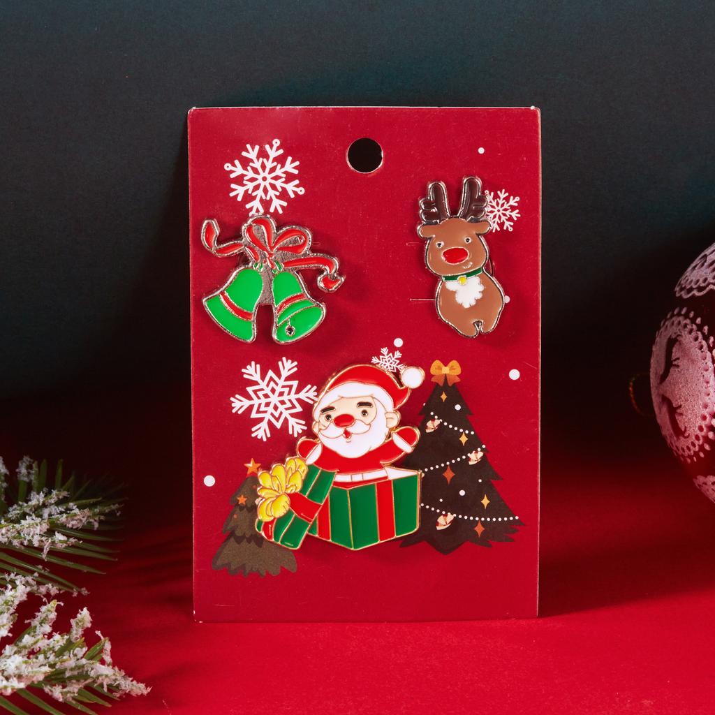 Cute 3 Pcs/Set Cartoon Christmas Brooch Set Pin For Women Girl Tree Santa Claus Elk Collar Lapel Badge With Card Jewelry Gift