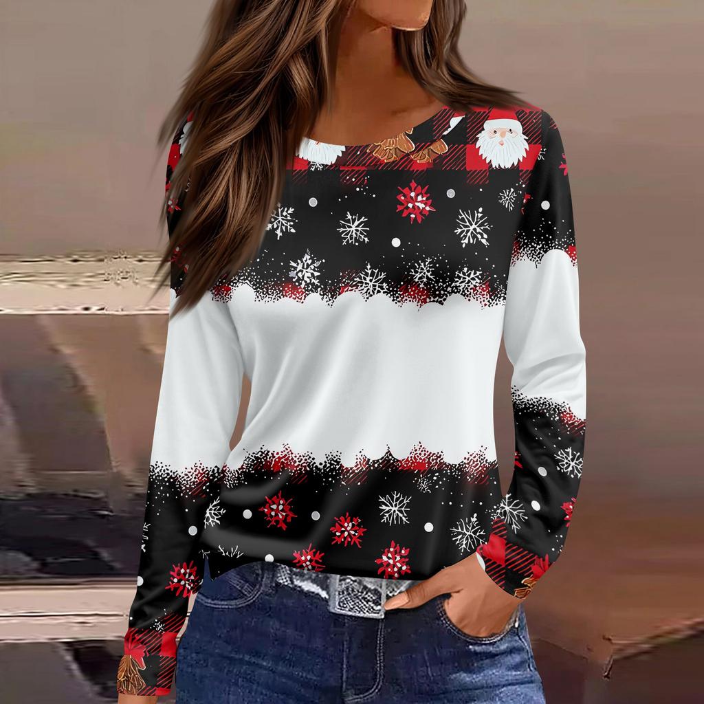 Women's Fashion Casual Slit Hem Round Neck Long Sleeve Loose Christmas Printed T-Shirt Ladies Top