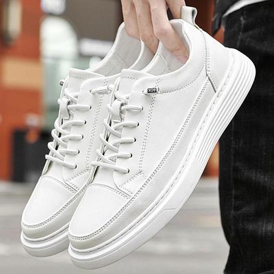 Men's Trendy Top-Grain Cowhide Slip-On Leather Sport Shoes - White, Thick Sole, Casual Stitching Design