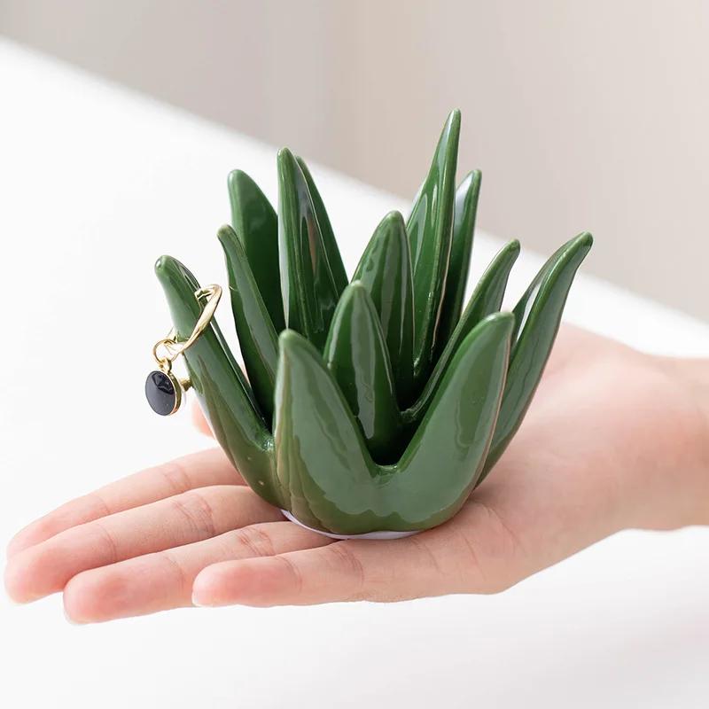 Nordic Ceramic Cactus Aloe Vera Ring Jewelry Earrings Home Study Office Desk Decorations Crafts