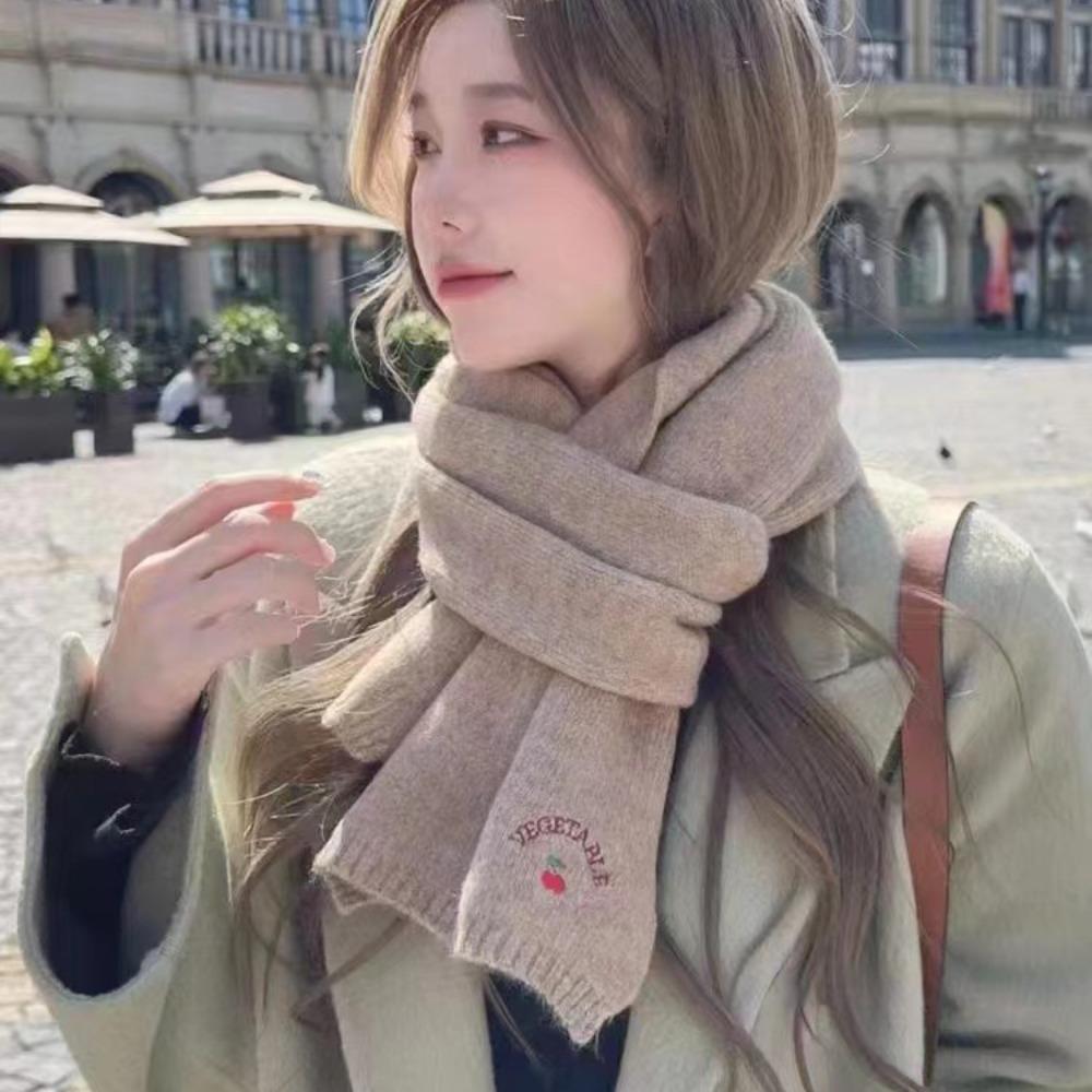 Solid Color Cartoon Thick Shawl Polyester Long Scarf Cute Cherry Knitted Scarf  Girls