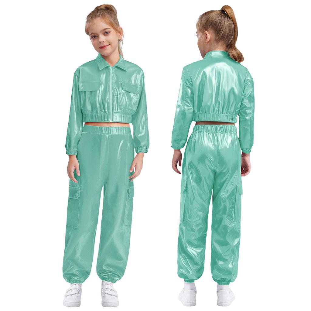 Unisex Kinder Hip Hop Tanzkostüm Metallic-Jacke mit Langarm-Umlegekragen und glänzendem Hosenset