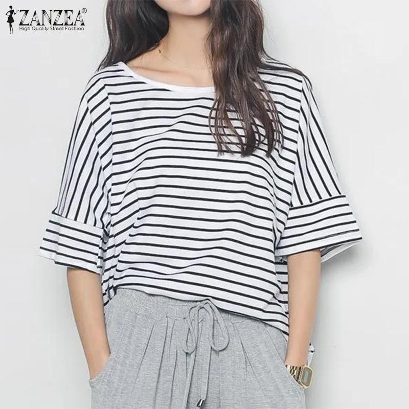 

ZANZEA Женская свободная повседневная блузка в полоску с круглым вырезом и половиной рукавов
