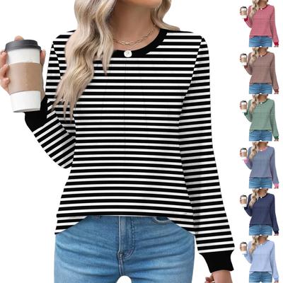Women's Fashion Casual Striped Print Pleated Comfortable Round Neck Loose Long Sleeve T-shirt Top