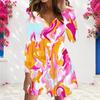Women Plus Size V Neck Long Sleeve Blue Printed A Line Dress