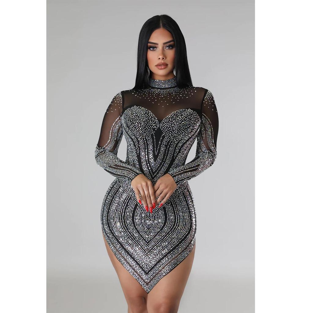 European and American Fashion Women's Solid Color Mesh Rhinestone Long Sleeve Mini Dress