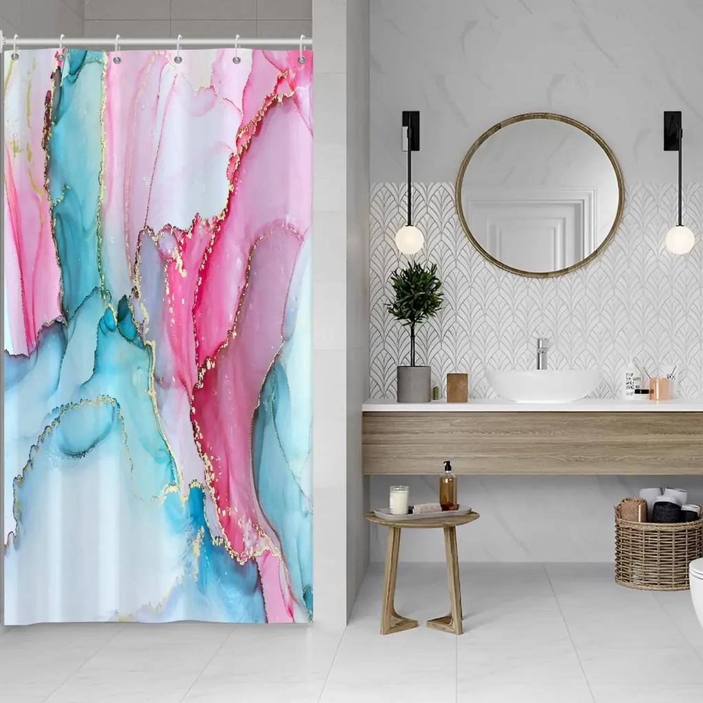Blue Shower Curtain, Marble Shower Curtain for Bathroom Stall RV Watercolor Abstract Waterproof Fabric Shower Curtain Set