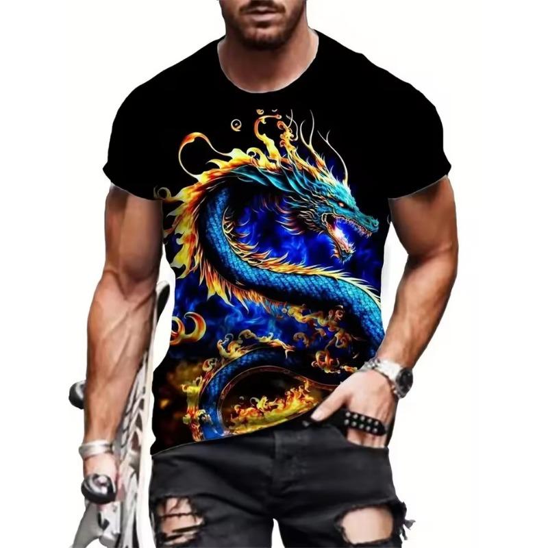 Tricou bărbătesc cu imprimeu de dragon în amestec de bumbac - Guler rotund elegant, confortabil și respirabil, pentru ținute casual de vară, de zi cu zi - Promoție