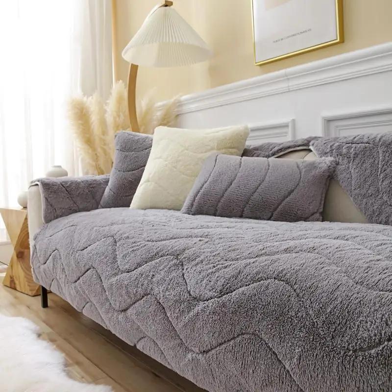 

Утолщенный длинный плюшевый диван-подушка в скандинавском стиле для гостиной, противоскользящий пылезащитный чехол для дивана, модный однотонный зимний теплый коврик для сиденья Pillow Cover 30x50cm серый