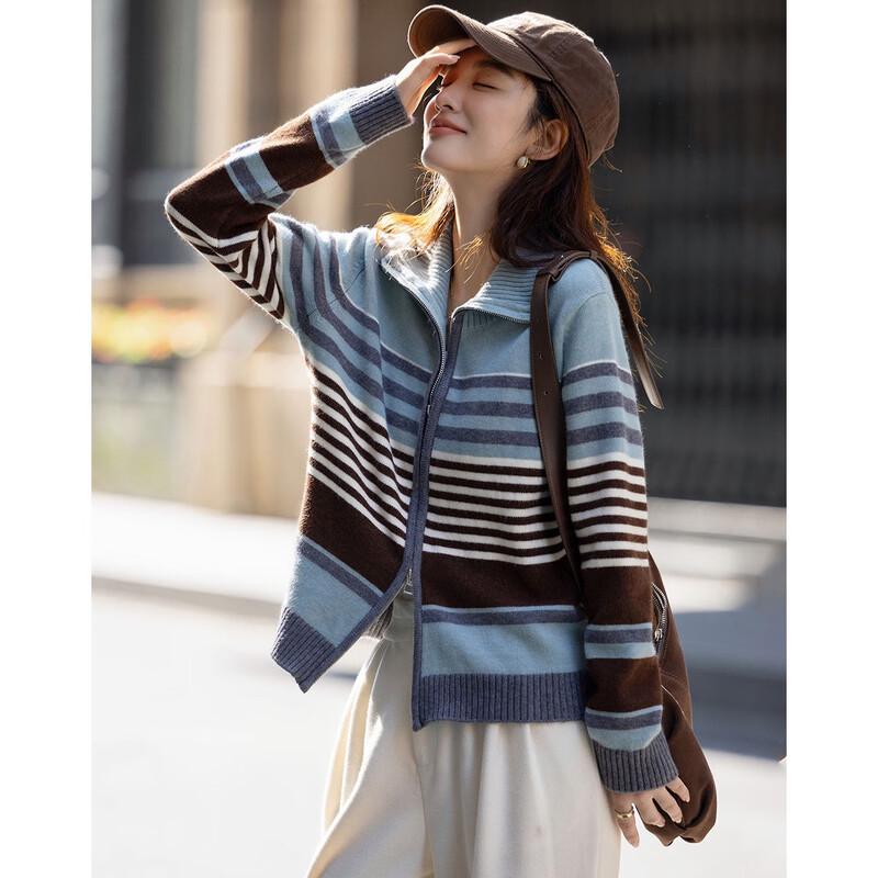 

Demana Women s Relaxed Retro Striped Ribbed Knit Cardigan M