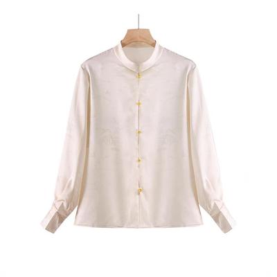 Spring Retro Stand Collar Jacquard Silk Blouse for Mothers