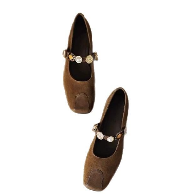 Autumn Casual Ethnic Retro Style Square Head Thick Heel Rhinestone Beaded One-word Buckle Belt Women's Shallow Mouth Single Shoes
