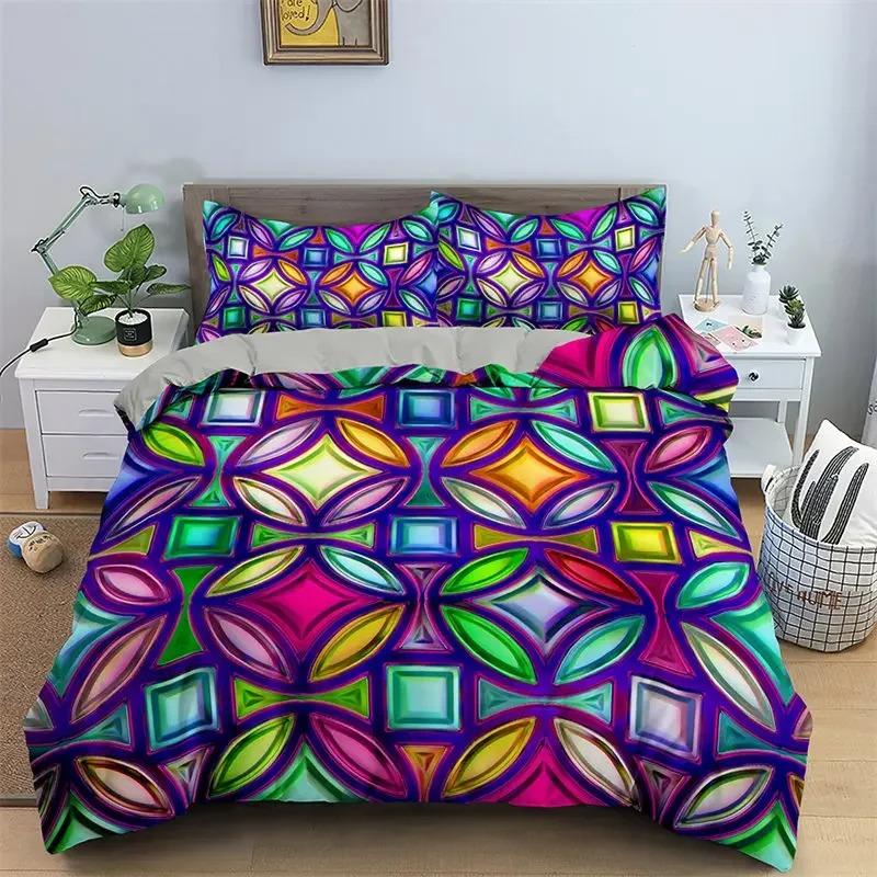 Abstract Geometric Duvet Cover Microfiber Queen Bedding Set For Boys Girls Room Rainbow Plaid Print Quilt Cover With Pillowcase