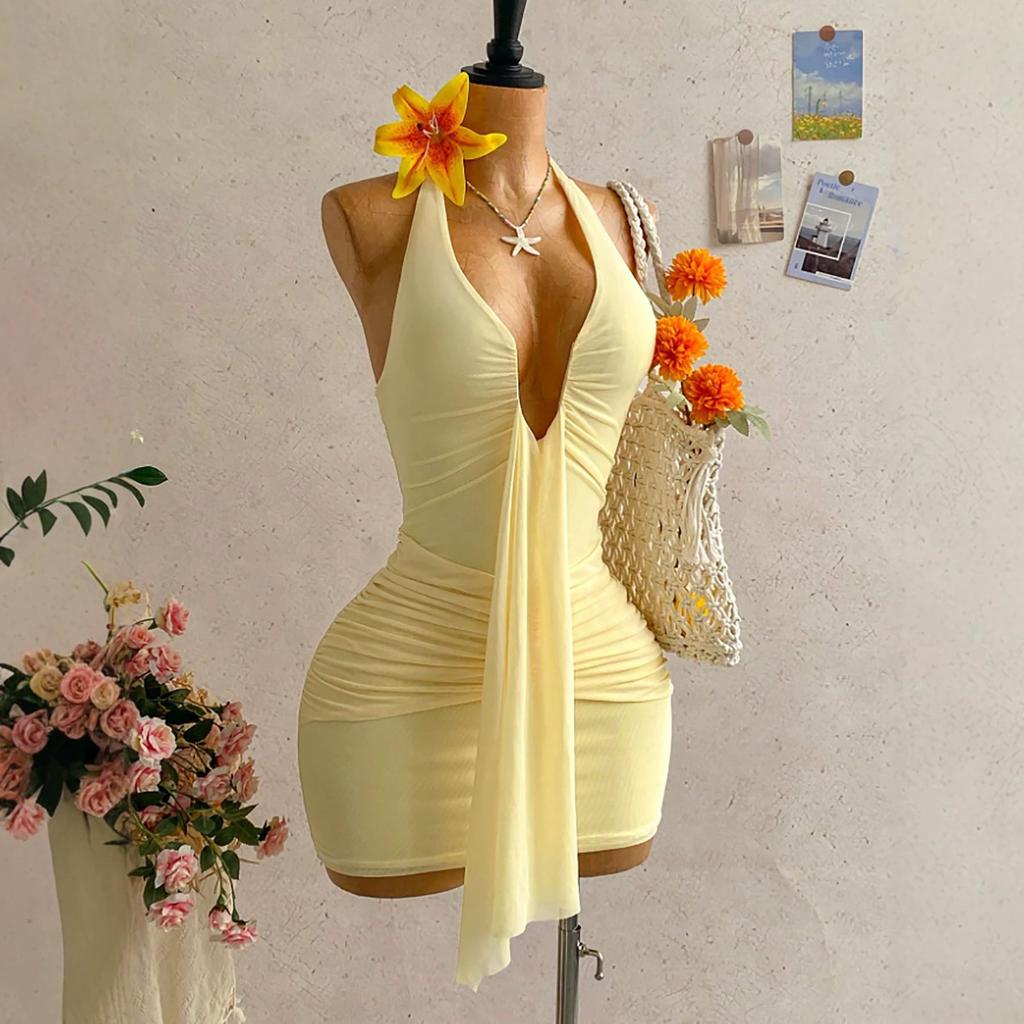 Sexy Spice Slim Deep V Mesh Dress European American Halter Ribbon Mini Dress