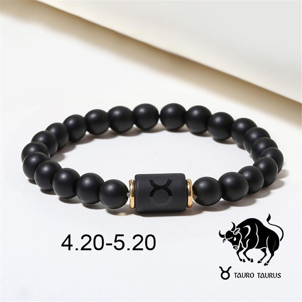 Black Matte Agate Beaded Bracelet with Zodiac Signs - Elastic Buddhist Couple Design