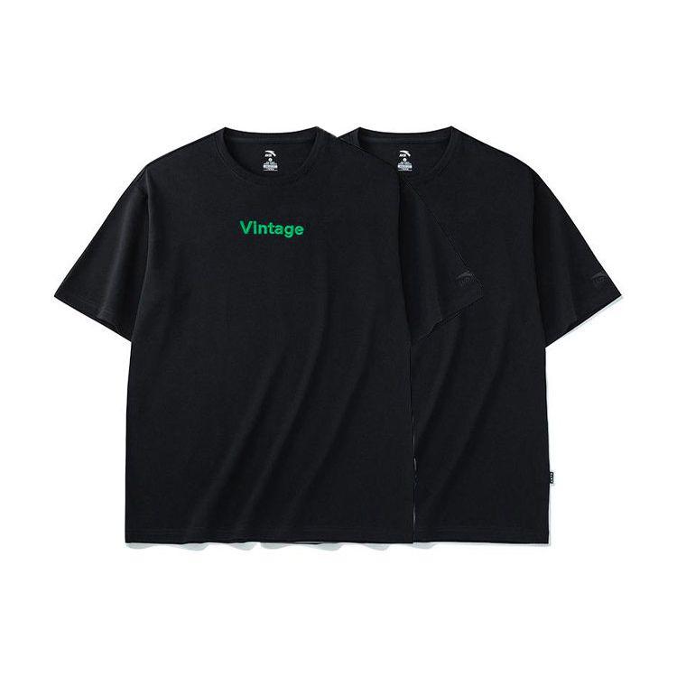 Anta Solid Color Embroidered Letter Crew Neck T-Shirt Unisex Tops Black 962228150-5