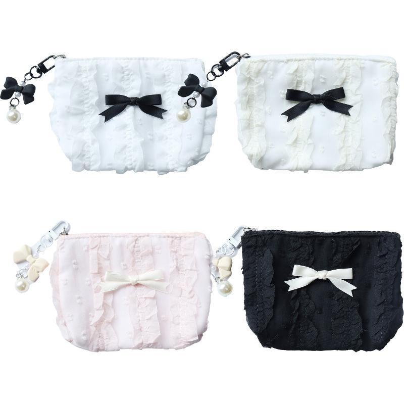 Cute Makeup Bag for Women Korean Style Lace Bow Cosmetic Pouch Large Capacity Travel Toiletry Organizer Zipper Clutch Coin Purse
