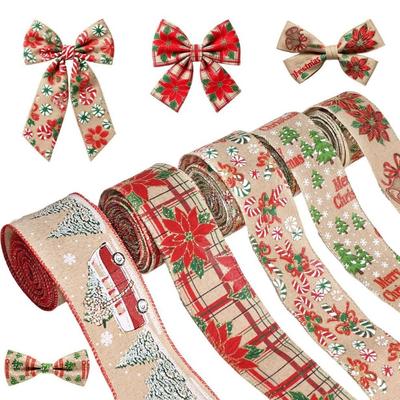 Xmas Tree Linen Christmas Ribbon Snowflake Print Red Green Linen Ribbon 5M Roll Snowflake Ribbon Bow Making