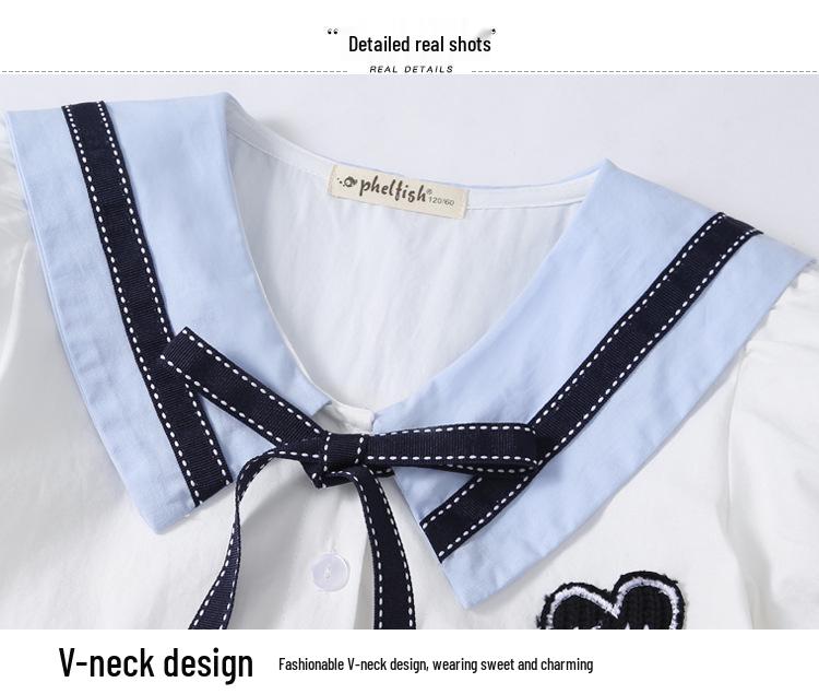 Girls' Cotton Short-Sleeve College Style Dress with Turn-Down Collar – White, Summer 2025