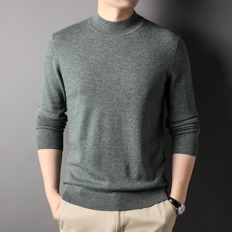 Machine Washable Thickened Full Wool Men's Half Turtleneck Sweater Versatile Solid Color Warm Knitted Base Sweater Men