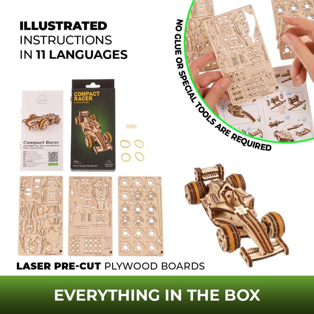 Ugears Compact Racer 70252 Wooden No Glue or Tools 3D Puzzle with Assembly Puzzle, Required, Instructions, Beginner-Friendly