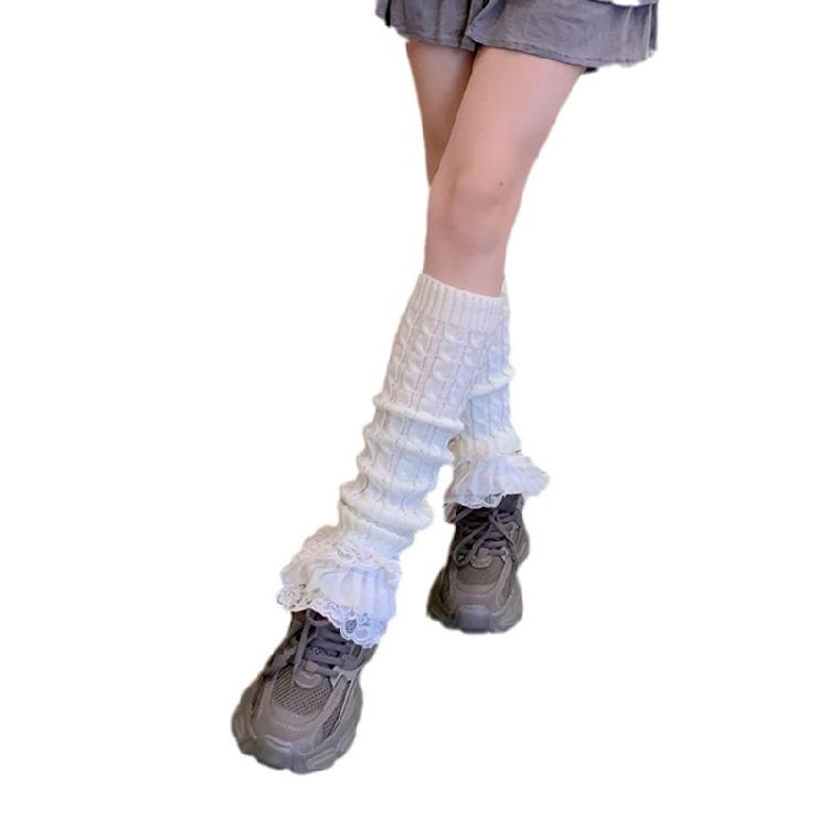 Japanese Women Cable Knitted Leg Warmer Cute Bow Tiered Ruffled Lace Calf Socks