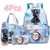 4 Pièces/ensemble Anime Demon Slayer Sac à Dos Imprimé Sac à Main Trousse à Crayons avec Bouteille d'Eau 750ml pour Adolescent Garçon Fille Grande Capacité Sac d'École Imperméable