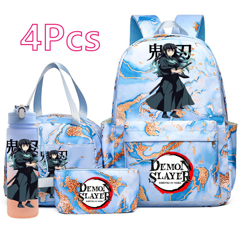 4 Pièces/ensemble Anime Demon Slayer Sac à Dos Imprimé Sac à Main Trousse à Crayons avec Bouteille d'Eau 750ml pour Adolescent Garçon Fille Grande Capacité Sac d'École Imperméable