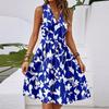 Women's Spring And Summer Casual V-Neck Sleeveless Waist Floral Print Midi Dress