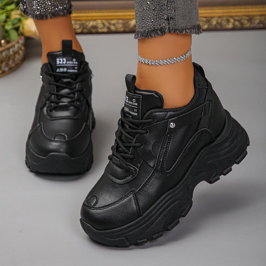 Damen Chunky Sneaker Weiß Schwarz Leder Plateau Sneaker für Damen Höhenvergrößernde Schuhe Dicke Sohle Freizeitschuhe Frau