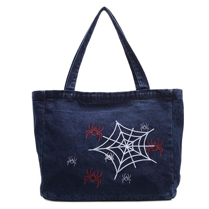 Hot Sale Spider Web Embroidered Denim Bags Women's Shoulder Bags Vintage Portable Commuter Tote Bags Canvas Bags