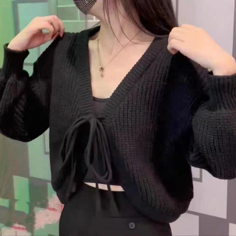 

Вязаный кардиган на шнуровке для женщин, весенний свободный и универсальный свитер в нежном стиле S чёрный
