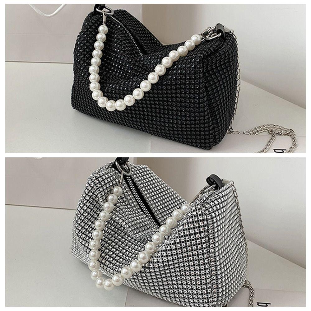 Fashion Rhinestone Shoulder Bag Pearl Chain Bag Phone Pouch Zipper Crossbody Bag for Women Handbag