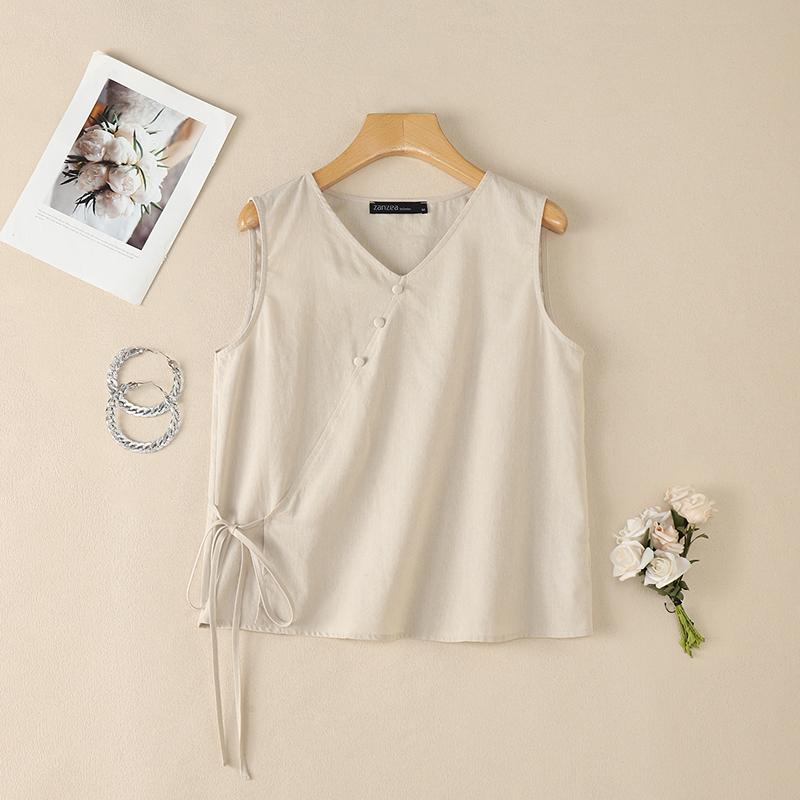 ZANZEA Women Summer V-Neck Loose Casual Sleeveless Vest Tops S хаки