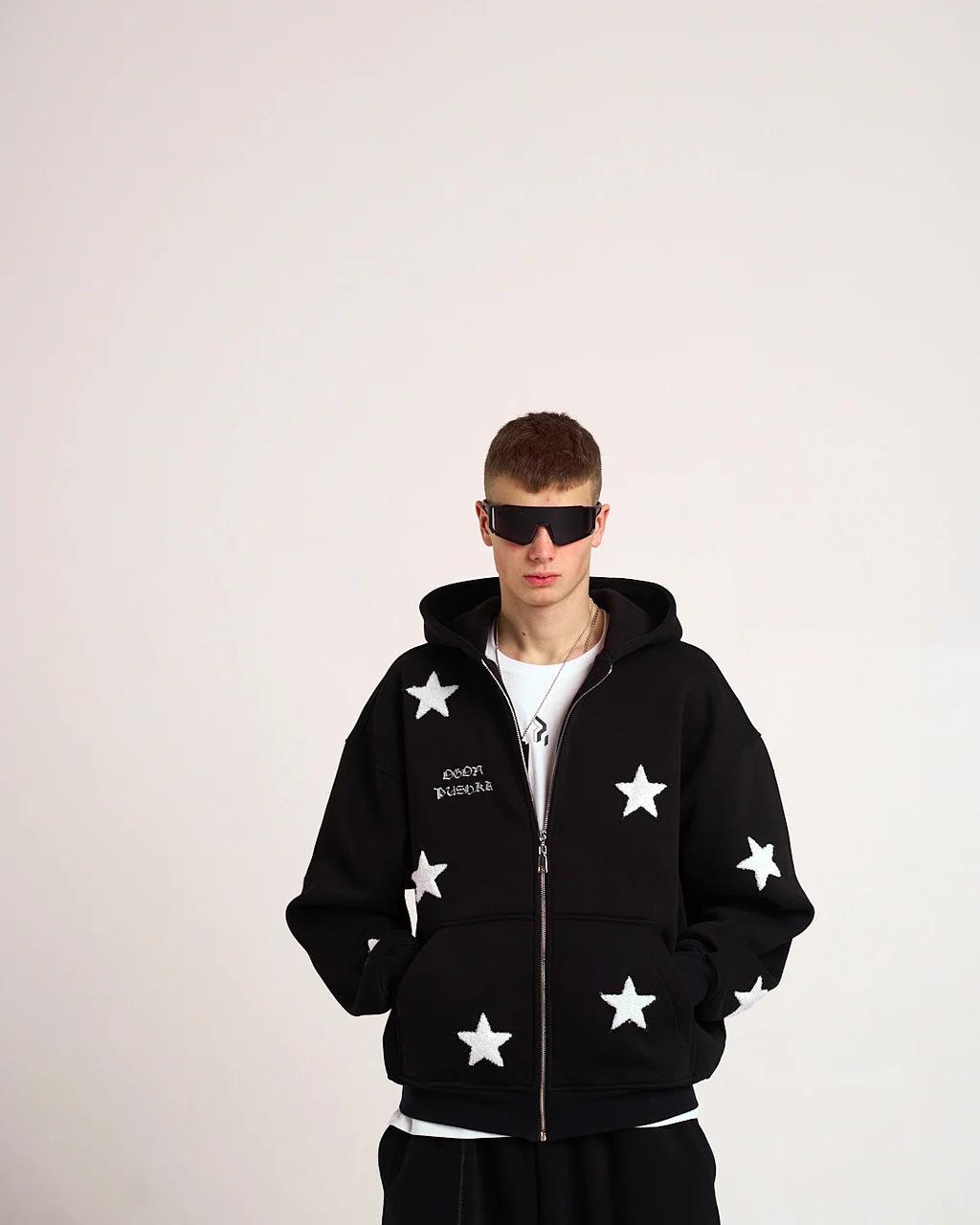 

2025 Звезда Темный Уличный Стиль Унисекс Толстовка Кардиган на Молнии с Капюшоном Small