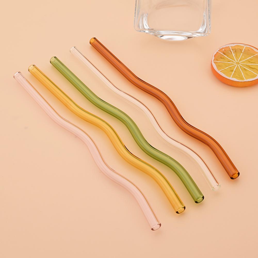 6Pcs Pink 200*8mm Glass Straws Wavy Drinking Straw Set with 3 Brush High Borosilicate Glass Straw Kitchen Party Bar Drinkware