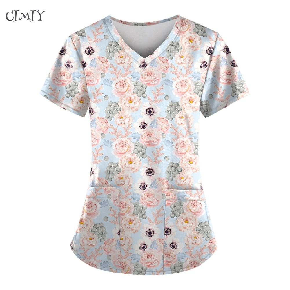 Women's Nurse Short Sleeve Surgical Uniforms Woman Soft Scrub Top Tee with Pockets Breathable & Easy Care Fabric Nurse Tops