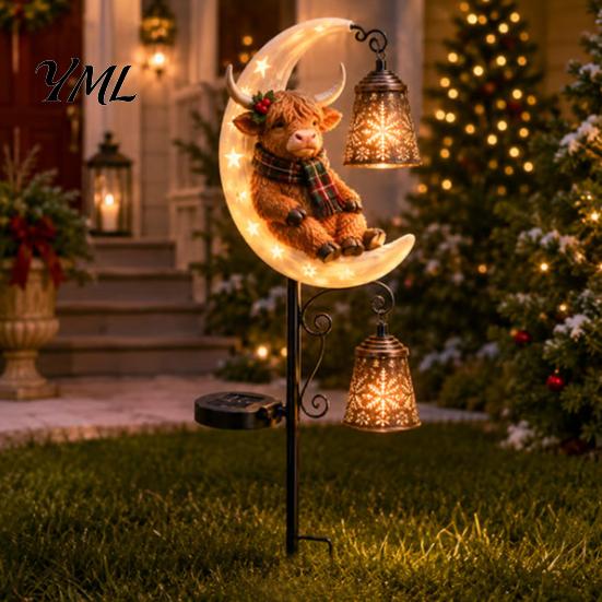 Solar Powered Porch Lighting Highland Cow Moon Garden Light, Christmas Metal Decorative Crescent Lawn Lamps Stake Outdoor Yard Path Decoration