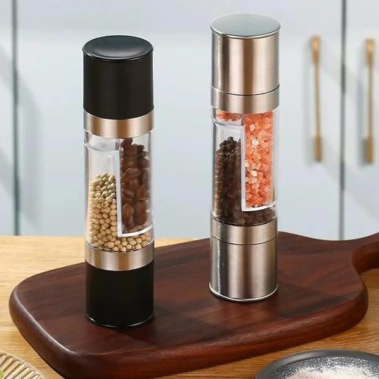 2-in-1 Salt And Pepper Grinder Set Adjustable Coarseness Manual Spice Mill with Glass Jar Stainless Steel Refillable Kitchen Shaker Bottle