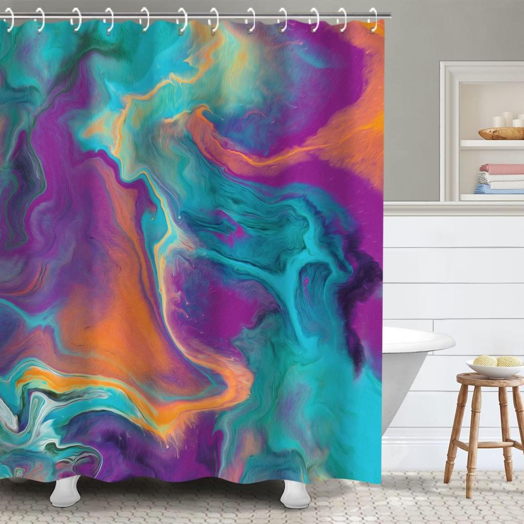 Blue Marble Shower Curtain, Abstract Teal Navy Ombre Striped Design With Hooks