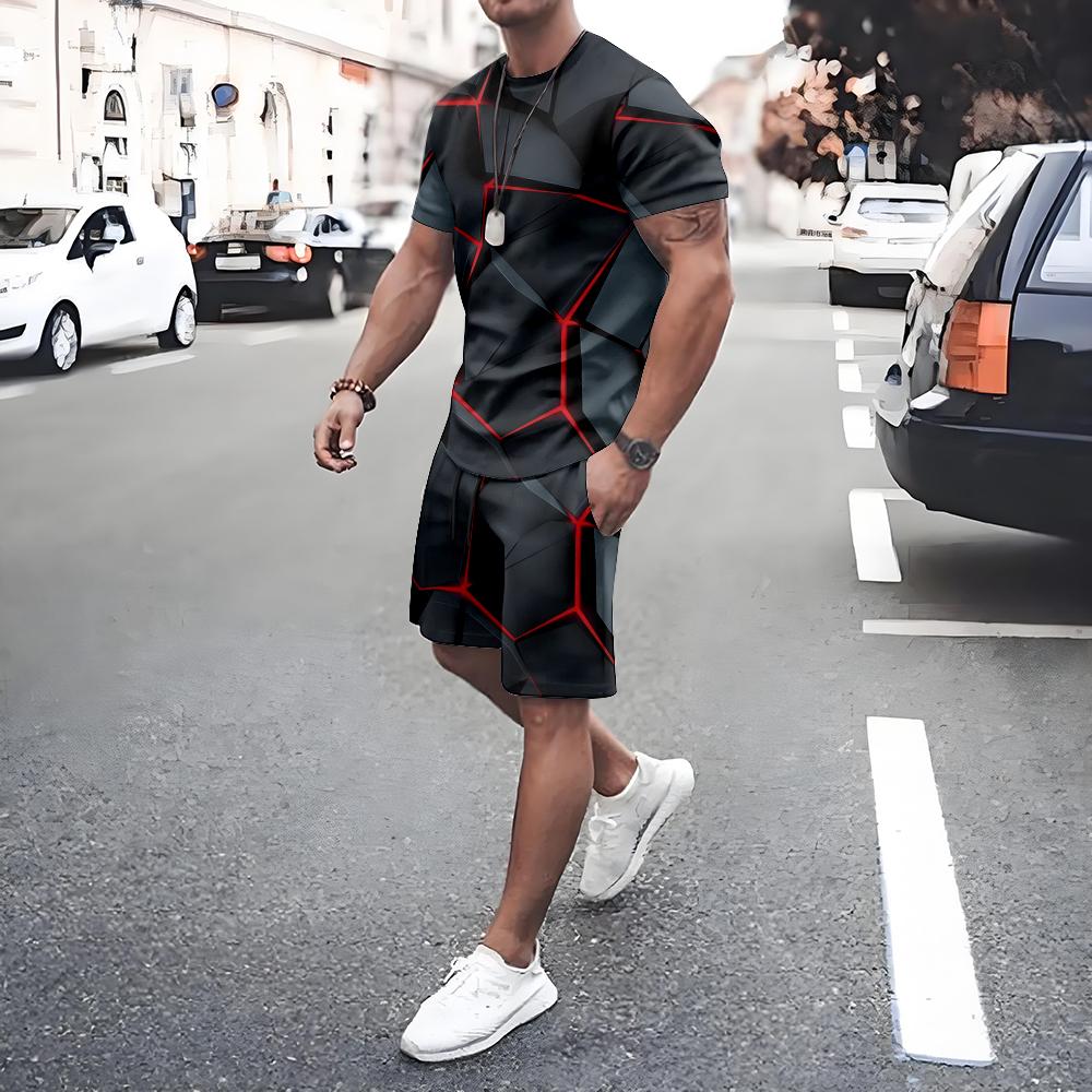 Plus Size Irregular Geometric T-shirt Shorts 2-piece Set Quick Drying Loose Men's Drawstring T Shirts Short Sleeve Tee Summer