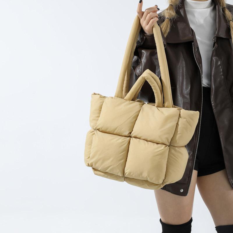 Down Bag Cotton Clothing Women's Bag Simple Cotton Space Bag Tote Bag Soft Checkered Handbag Shoulder Bag