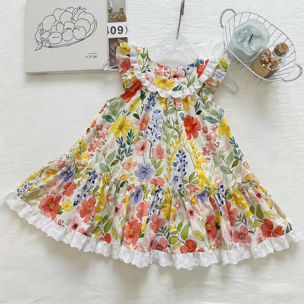 Girls Summer 2026 Watercolor Floral Sleeveless Dress with Ruffle Collar and Lace Hem Size 100