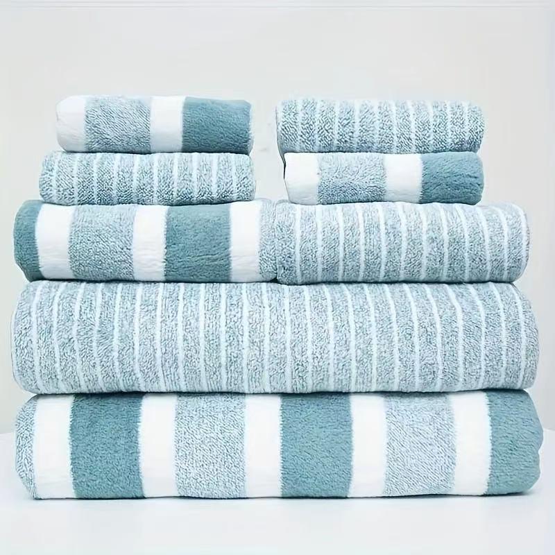 8-teiliges Korallenfleece Streifen Handtuch-Set - Für den Heimgebrauch, Dick, Wasserabsorbierend, Kein Fusseln.