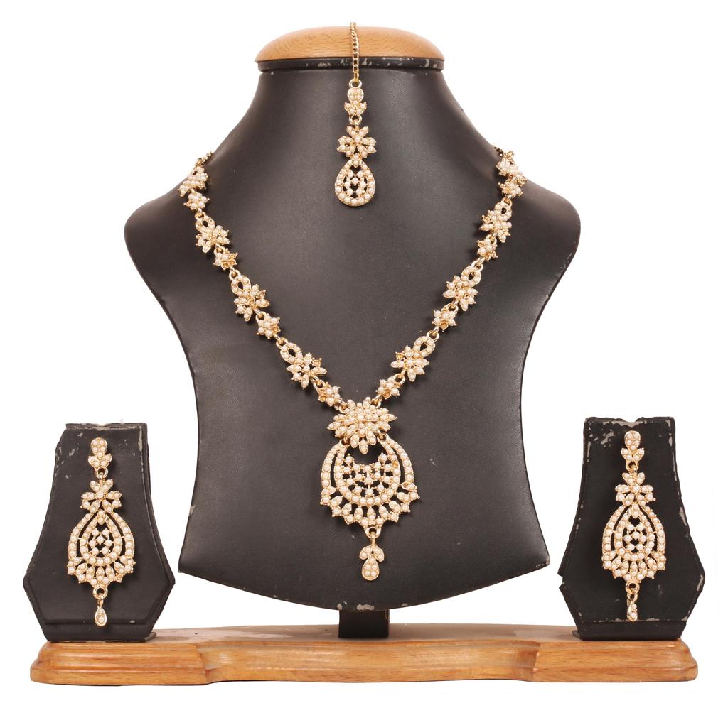 Touchstone Women's Indian Jewelry Set, Maang Tikka Wedding Guest Gold Necklace, Bollywood Jewelry Set, Pageant Elegant Prom Bride Accessory, Western