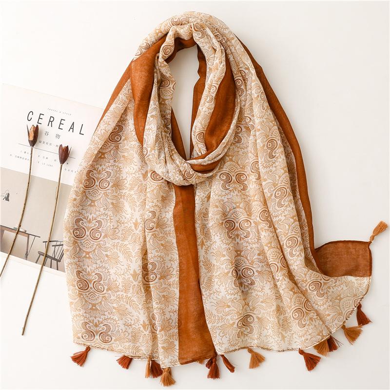 Spain Brand Lovely Lotus Floral Tassel Viscose Shawl Scarf Lady Print Soft Wrap Snood Bufandas Muslim Hijab Sjaal 180*90Cm