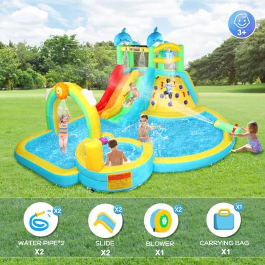 Inflatable Water Slide Bounce House for backyard use, PVC material, blue and red color, 10-in-1 design with climbing wall, pool